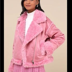 Cozy Allover Pink Vegan Leather Shearling Trim Moto Jacket